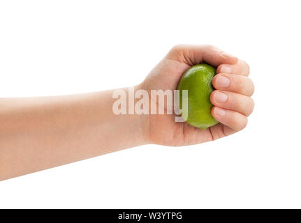 lime in squeezing hand path isolated on white Stock Photo