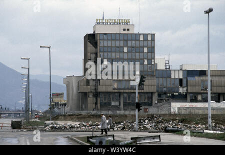 11th April 1993 During the Siege of Sarajevo: the PTT Building was the headquarters of UNPROFOR (the United Nations Protection Force) in the city. Stock Photo