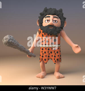 Apologetic caveman with long beard and animal pelt spreads his arms in a plea while holding prehistoric club, 3d illustration render Stock Photo