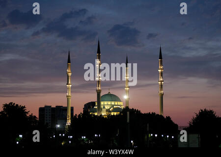 View of Akhmad Kadyrov Mosque built with  typical Ottoman style with a set of 62-metre (203 ft) tall minarets in Grozny the capital city of Chechnya officially the Chechen Republic in the North Caucasian Federal District of Russia. Stock Photo