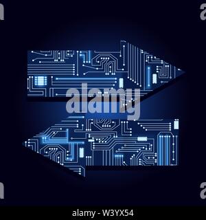 Two arrows pointing to opposite sides filled with electronic circuit. Blue and lighting background. Stock Vector