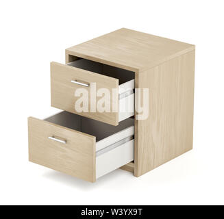 Nightstand with two opened drawers on white background Stock Photo