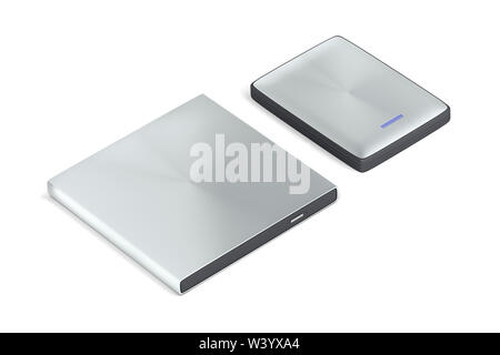 Portable optical disc drive and hard drive on white background Stock Photo