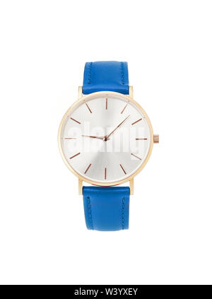 Classic women's gold watch with white dial, blue leather strap, isolate on a white background. Front view. Stock Photo