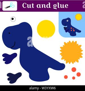 Application with a dinosaur. Paper game. Print, cut and glue. Blue Tyrannosaurus and the sun. Simple developing leisure for children. At school and at home. Cartoon cute character. Vector illustration. Silhouette of funny dino. Stock Vector