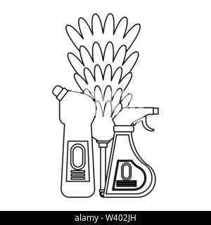 Set of cleaning equipment and products in black and white Stock Vector