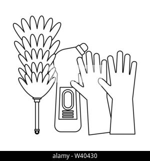 Set of cleaning equipment and products in black and white Stock Vector