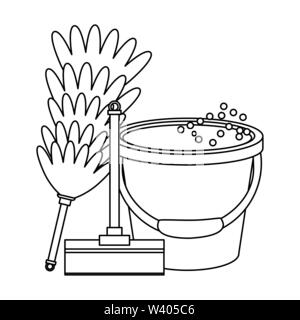 Set of cleaning equipment and products in black and white Stock Vector