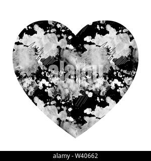 Watercolor splashes in the shape of a heart. Black and white pattern with watercolor blots on night dark sky background. Watercolor spots in the form Stock Photo