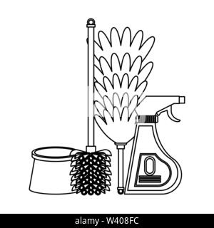 Set of cleaning equipment and products in black and white Stock Vector