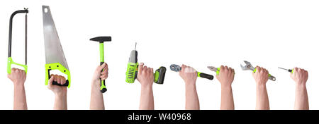 Hands with different tools isolated on white background. Stock Photo