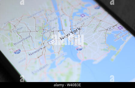 New York map on smartphone screen Stock Photo