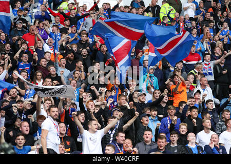 Glasgow, Scotland, UK. 18th July, 2019. On the return match at Ibrox football stadium, Glasgow Rangers beat St Joseph's FC from Gibraltar 6 -0 in the UEFA Europa League Qualifying round 1, 2nd leg. Alfredo Morelos scored a hat trick, Jermain Defoe scored 2 and Joe Aribo scored 1. Credit: Findlay/Alamy Live News Stock Photo