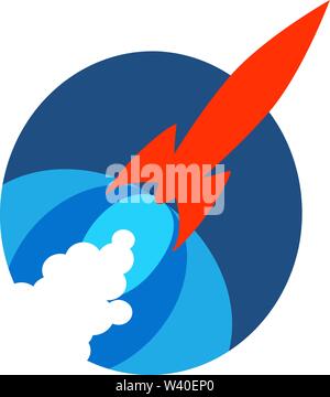 Vintage red rocket ship flying across an oval field of blue  with streaming cloud of smoke trailing behind. Stock Vector