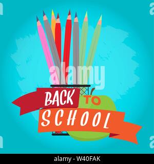 Colored pencils in a basket with an apple. Back to school poster - Vector Stock Vector