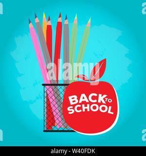 Colored pencils in a basket with an apple. Back to school poster - Vector Stock Vector