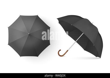 Vector 3d Realistic Render Black Blank Umbrella Icon Set Closeup Isolated on White Background. Design Template of Opened Parasols for Mock-up Stock Vector