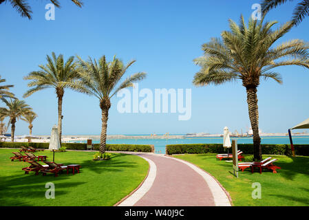 The beach with sunbeds on the green lawn and palm trees shadows in luxury hotel, Dubai, UAE Stock Photo