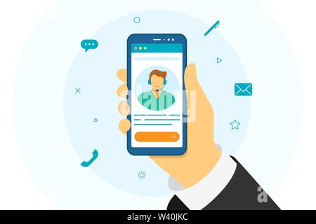 Customer and operator online technical support 24-7. White male hotline call center consultant advises client. Online assistant virtual help service Stock Vector