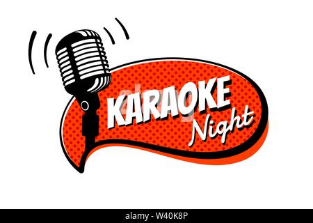 Karaoke night party script on comic strip speech bubble emblem. Stage retro vintage microphone vector illustration template Stock Vector