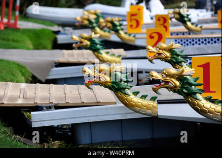 Close up of dragon heads from a lot of dragon boat Stock Photo