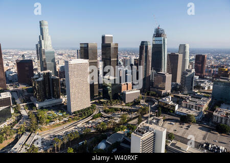 Afternoon aerial of freeway, streets, towers and buildings in sprawling downtown Los Angeles, California. Stock Photo