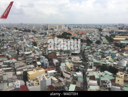 Saigon, Vietnam - Jul 6, 2019. Aerial view of Saigon (called Ho Chi Minh City), Vietnam. Saigon population is expected to grow to 13.9 million by 2025 Stock Photo