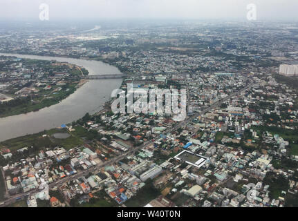 Saigon, Vietnam - Jul 6, 2019. Aerial view of Saigon (called Ho Chi Minh City), Vietnam. Saigon population is expected to grow to 13.9 million by 2025 Stock Photo