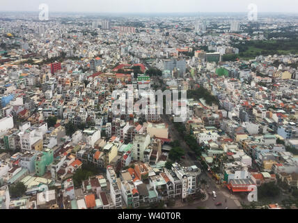 Saigon, Vietnam - Jul 6, 2019. Aerial view of Saigon (called Ho Chi Minh City), Vietnam. Saigon population is expected to grow to 13.9 million by 2025 Stock Photo