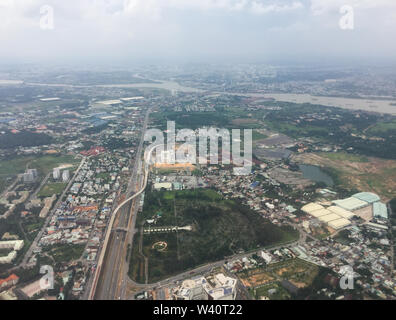 Saigon, Vietnam - Jul 6, 2019. Aerial view of Saigon (called Ho Chi Minh City), Vietnam. Saigon population is expected to grow to 13.9 million by 2025 Stock Photo