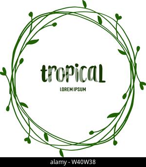 Tropical with place for your text, red floral frame and leaves round ...