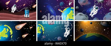 Large set of space scenes illustration Stock Vector