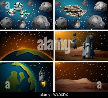 Large set of space scenes illustration Stock Vector