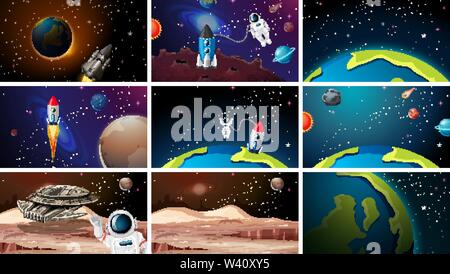 Large set of space scenes illustration Stock Vector