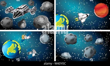 Set of space scenes with ships and satellites illustration Stock Vector