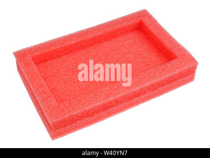 Plastic red industrial box for new or broken defective smartphones in factory. Isolated on white  studio closeup Stock Photo