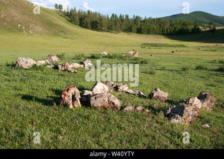 Deer stones and burial site, Bulgan aimag, Mongolia Stock Photo