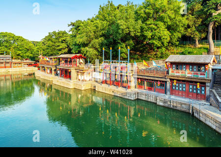 Suzhou Market Street in Summer Palace, Beijing, China. Along the Back Lake, the street design imitates the ancient style of shops in Suzhou City. Stock Photo