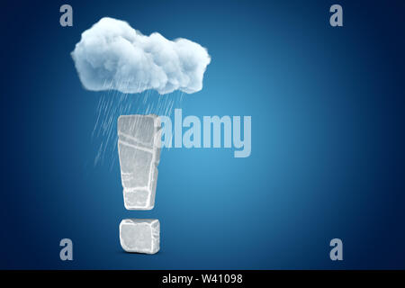 3d rendering of big exclamation mark made of stone, standing under raining cloud on blue copy space background. Climate change. Global warming. Pressi Stock Photo