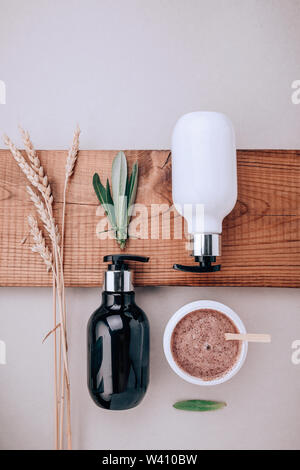 Flat lay composition with herbal massage bags and other spa products on ...