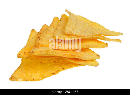 Triangular corn tortilla chips  with cheese salt and chili. Isolated on white studio macro shot Stock Photo