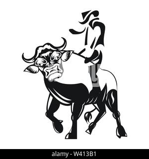 Rodeo cowboy riding a wild bull Stock Vector