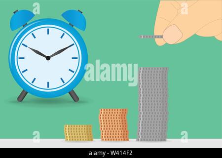 Bell tabletop clock and hand with coins,  time is money concept Stock Vector