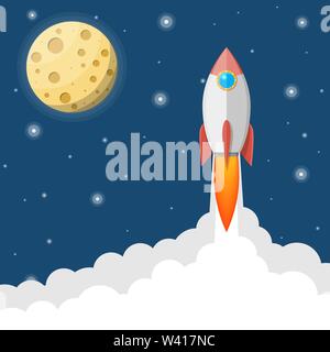 Cartoon rocket in the sky. Full moon in night sky Stock Vector