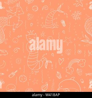 Seamless pattern with fantasy doodles of mermaid theme. Decorative background for kids girl textile with tails, cat, unicorn and other mermaid stuff. Stock Vector