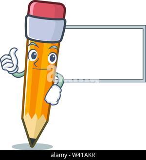 Thumbs up with board pencil cartoon above the a notebooks vector illustration Stock Vector