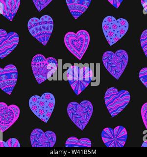 Abstract seamless pattern of beautiful neon painted doodle hearts on black background Stock Vector