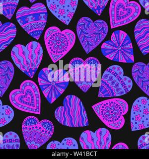 Abstract seamless pattern of beautiful neon painted doodle hearts on black background Stock Vector