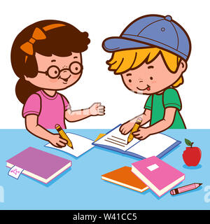Illustration of a girl and a boy young students sitting on a desk and doing their homework. Desk is full of books and notes. Stock Photo