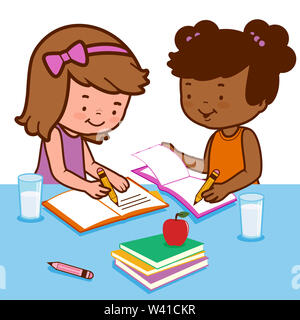 Illustration of two girls sitting on a desk and doing their homework. Desk is full of books and notes. Stock Photo